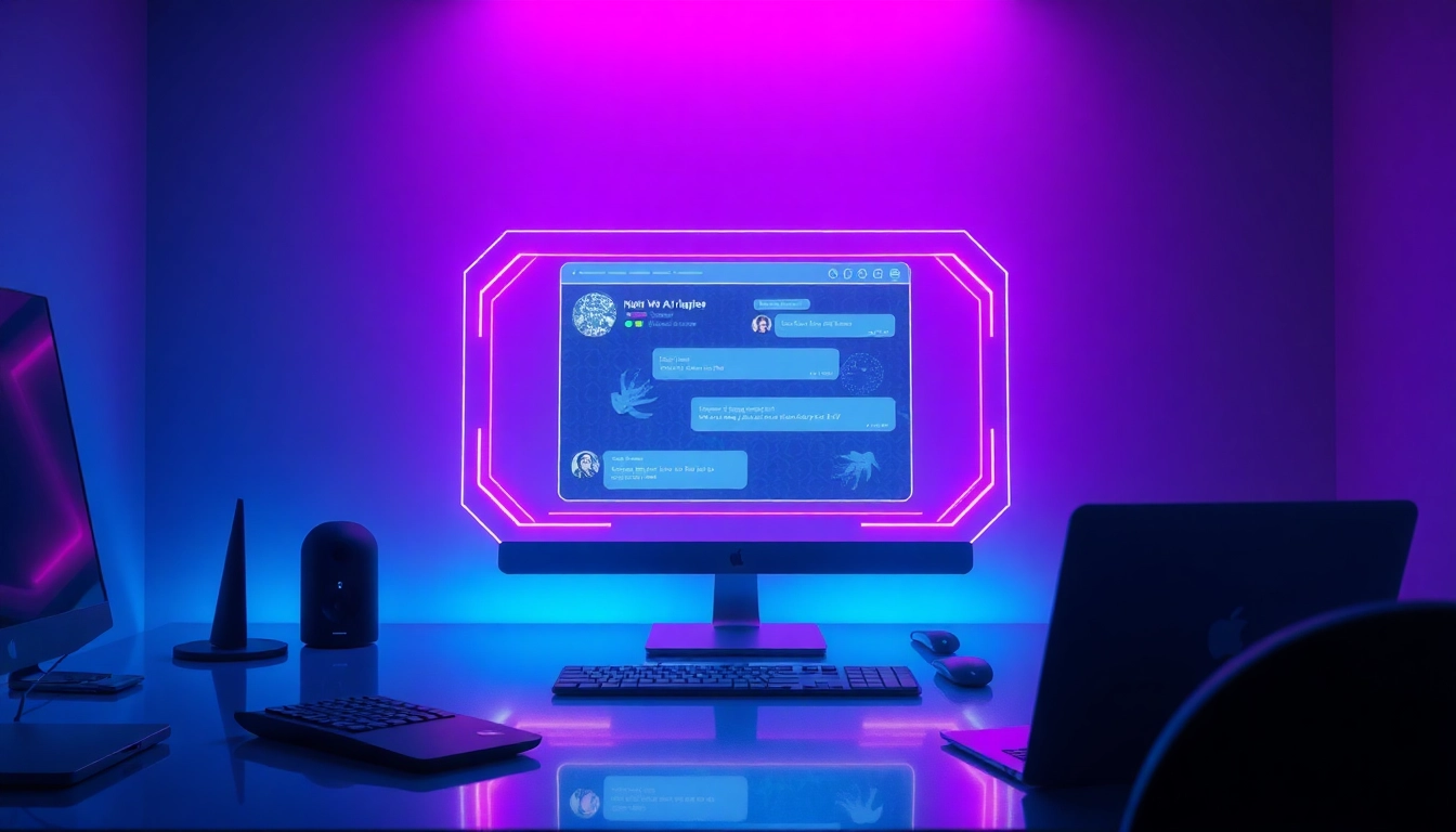 Futuristic AI chat interface on a holographic screen in a modern workspace.