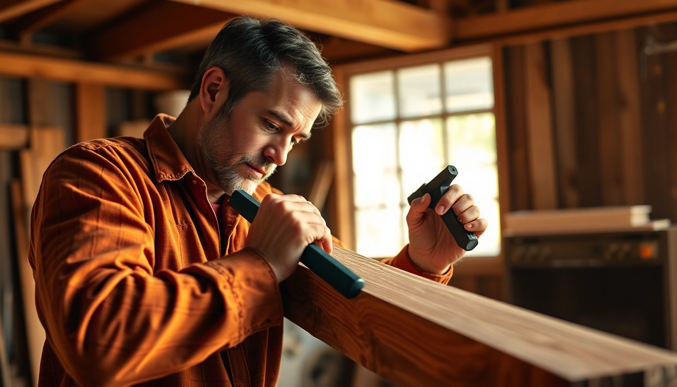 Carpenter expertly measuring wood to ensure precise fitting during a detailed construction project.