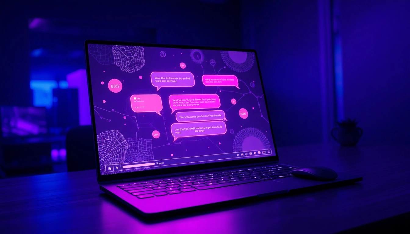 Futuristic AI chat interface with glowing chat bubbles and digital textures in a dimly lit room.