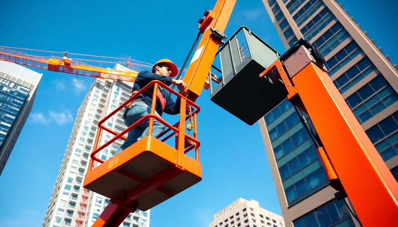 Professional boom lift rental for construction projects with a worker safely operating the equipment outdoors in daylight