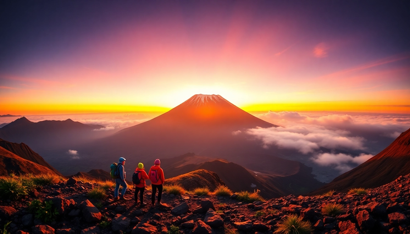 Hikers overlooking Mount Rinjani at sunrise with vibrant colors and majestic scenery