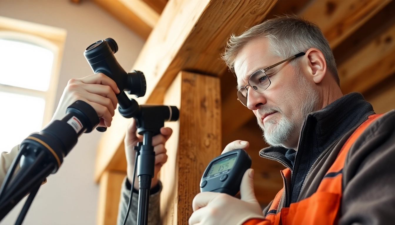 Houtwormen bestrijden: Technicus voert nauwkeurige inspectie met geavanceerde apparatuur voor effectieve houtwormbestrijding.