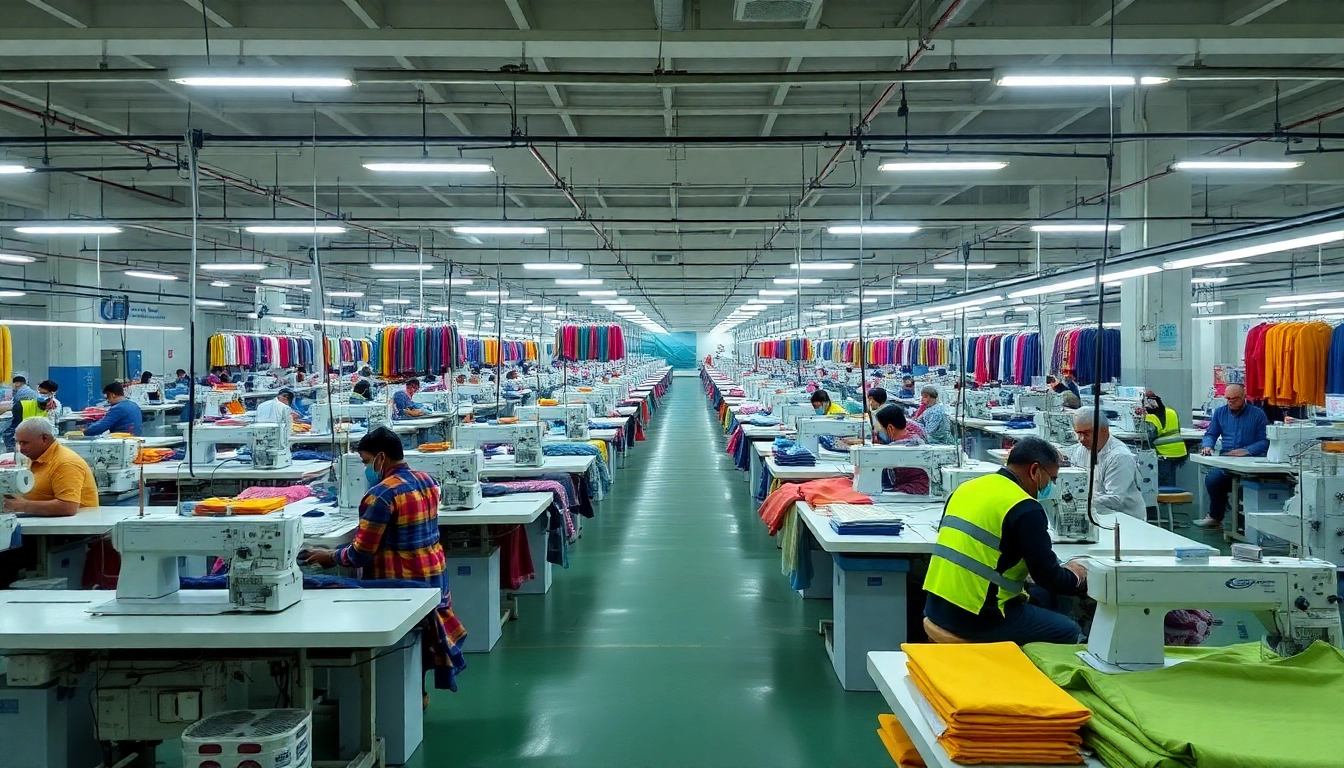 Efficient clothing factory in Sialkot showcasing skilled workers and advanced machinery producing high-quality apparel.