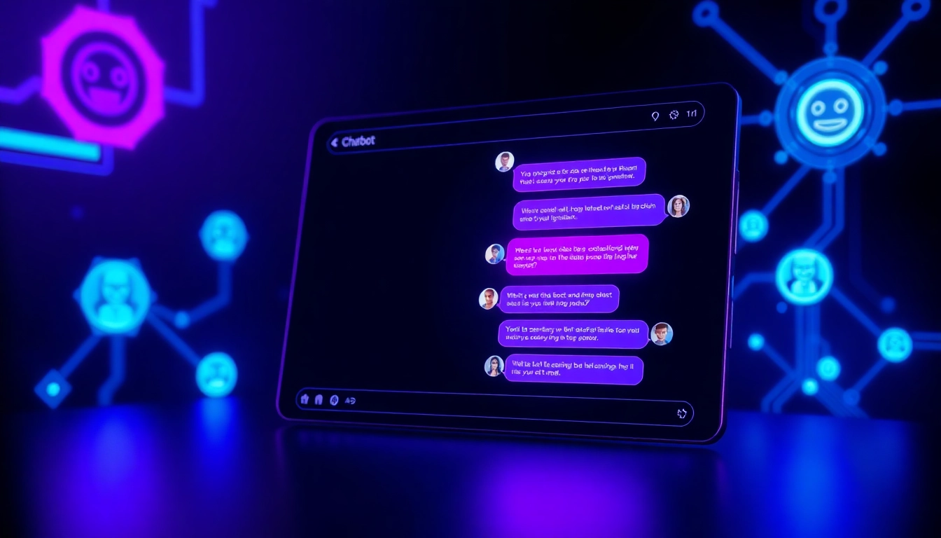 An illustration of a futuristic chatbot interface with holographic characters and glowing text bubbles on a dark background.