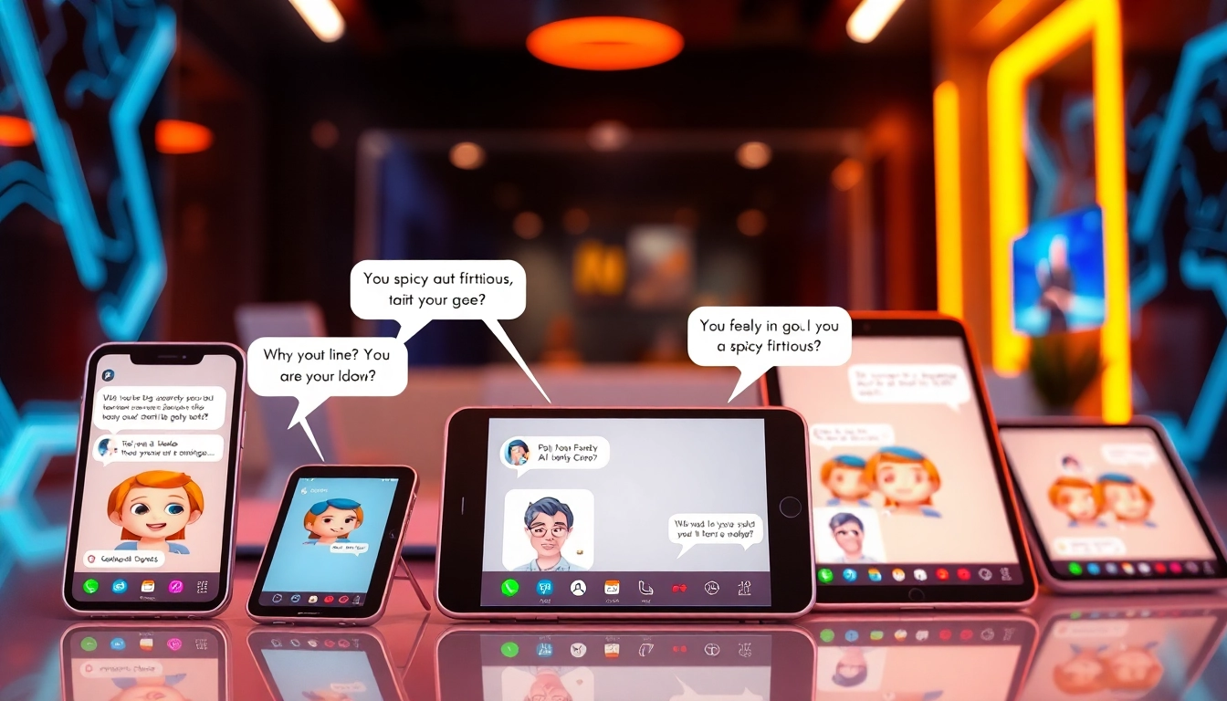 Digital illustration of AI chat interfaces on devices with colorful characters and flirtatious conversation bubbles.