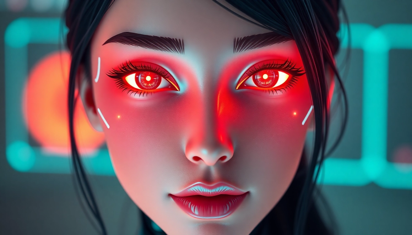 AI girlfriend in futuristic digital interface with vibrant neon lights and inviting expression, showcasing advanced virtual companionship technology.