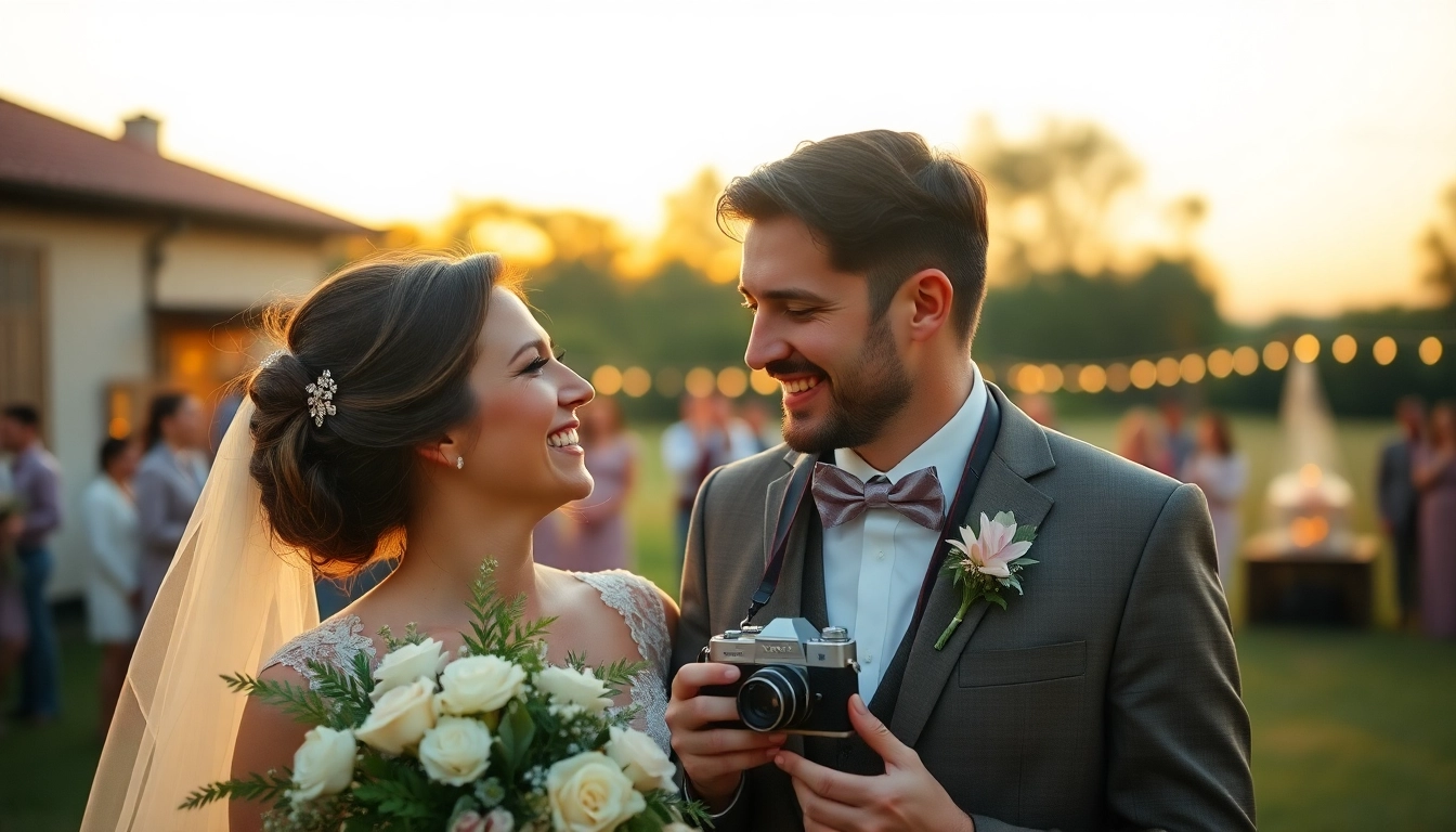 Skilled eskuvoi fotos capturing a joyful couple during an outdoor wedding in natural sunlight