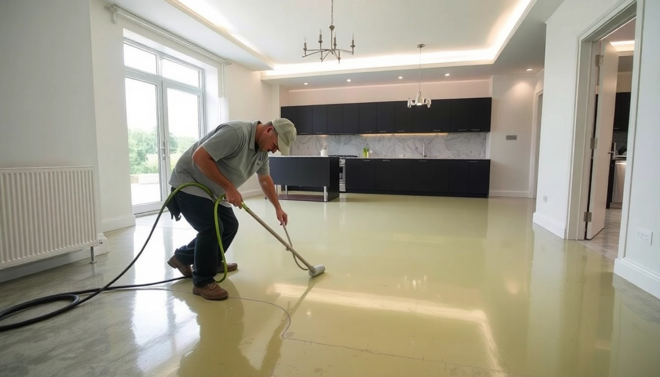 Liquid screeding Birmingham professional applying precise floor finish for modern homes and offices